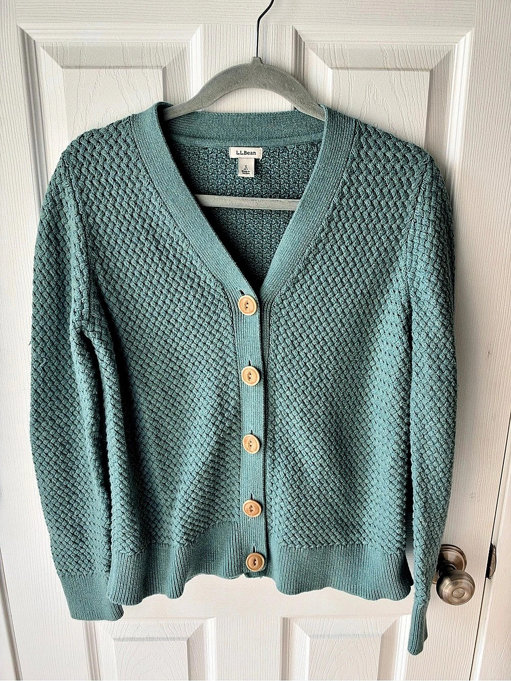 L.L.Bean Cotton Fisherman Cottage Core Textured Cardigan in Teal Green
